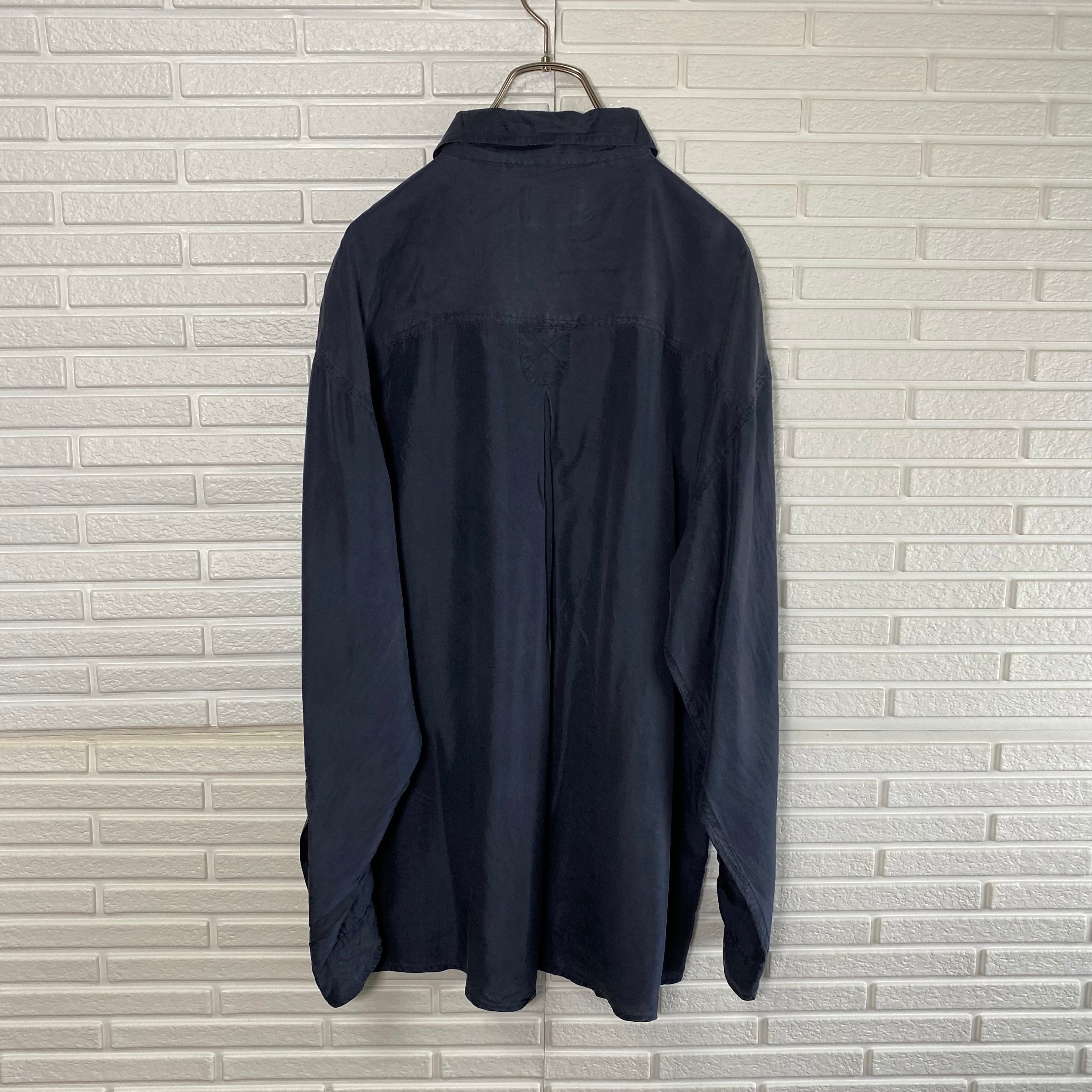 MTO 長袖シルクシャツ L ネイビー 100%シルク | 古着屋OLDGREEN
