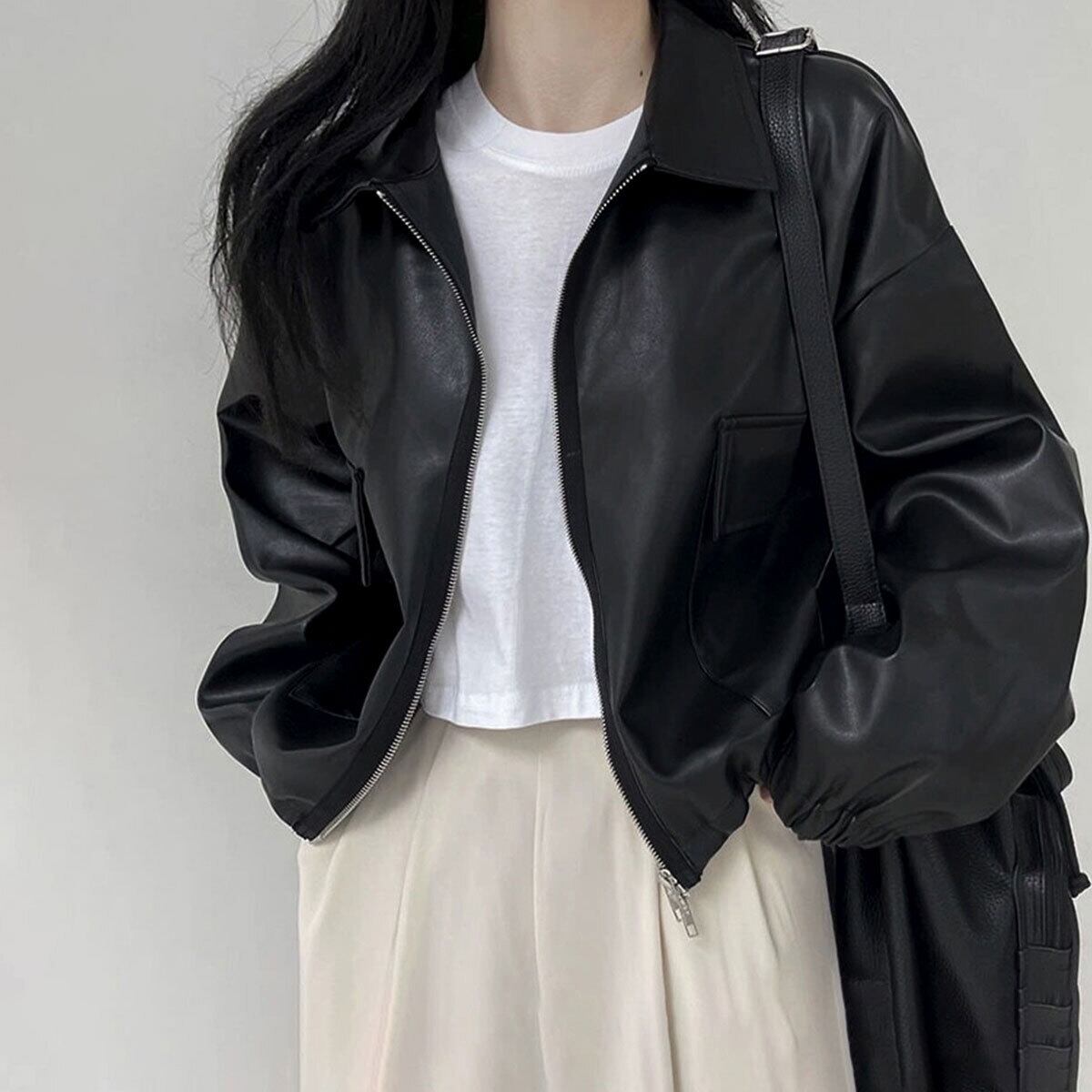 レザー ジャケット ライダース レディース 春秋冬 韓国 アウター 大人 カジュアル ストリート 原宿系 ダブルジップ PUレザー スタジャン ブルゾン ゆったり 体型カバー 大人可愛い 大人女子