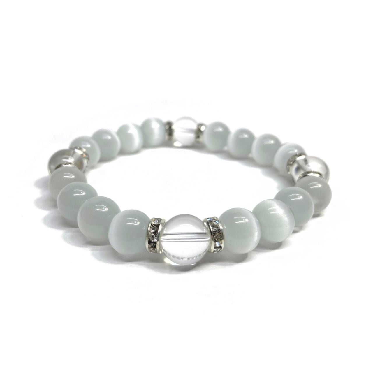 キャッツアイ(ホワイト)×水晶パワーストーン ブレスレット (シルバー