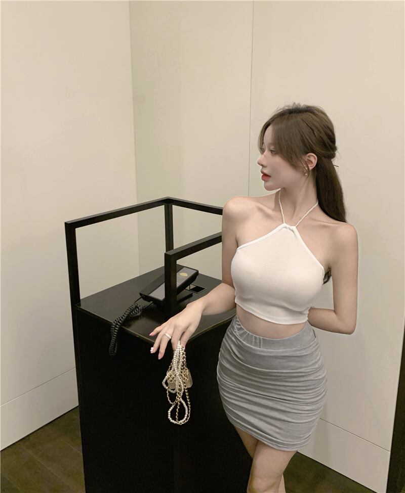 サマースタンダードホワイトショートホルタートップス レトロ 夏物 ピュア ヨーロピアン ブラックストロベリース41993540742