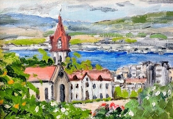 油絵　風景画　教会 坂元輝行「教会のある風景」油絵 額縁外寸39.5x32.5x厚み6.0cm 絵 SM
