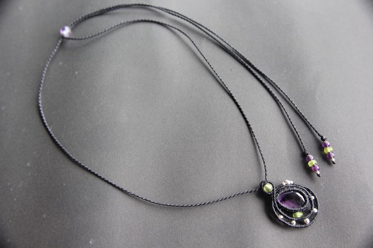 Trapiche amethyst micromacrame moon pendant