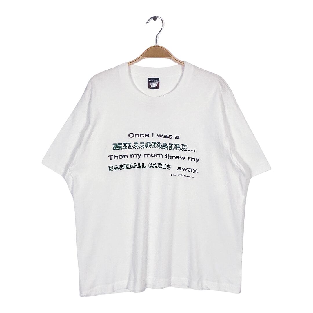 90s メッセージT ベースボールカード USA製 ヴィンテージ Tシャツ ミリオネア ドル札 ホワイト シングルステッチ フルーツオブザルーム サイズXL BZ0658