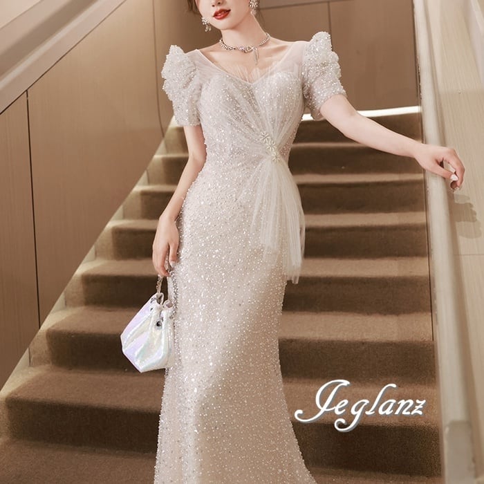 華やか パーティ イブニングドレス ビジュー 背中 編み上げ 光沢感(M7728)ζ