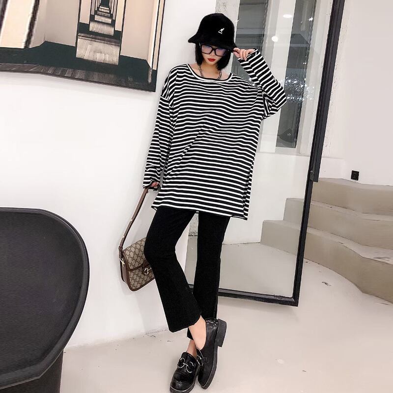 プラスサイズの女性の長袖Tシャツの女性は200ポンドの太った姉妹を失いますmm2020年秋新しいスリムなストライプのトップ ミックスインファッション95849956045