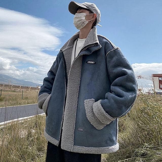 【予約販売】ボアブルゾン アウター もこもこ ブラック ブルー ムートン スエード 冬 ジャケット ショート丈 メンズ カジュアル 男前 こなれ感 お洒落 韓国 トレンド 秋 冬 M/L/XL/2XL/3XL/4XL/5XL