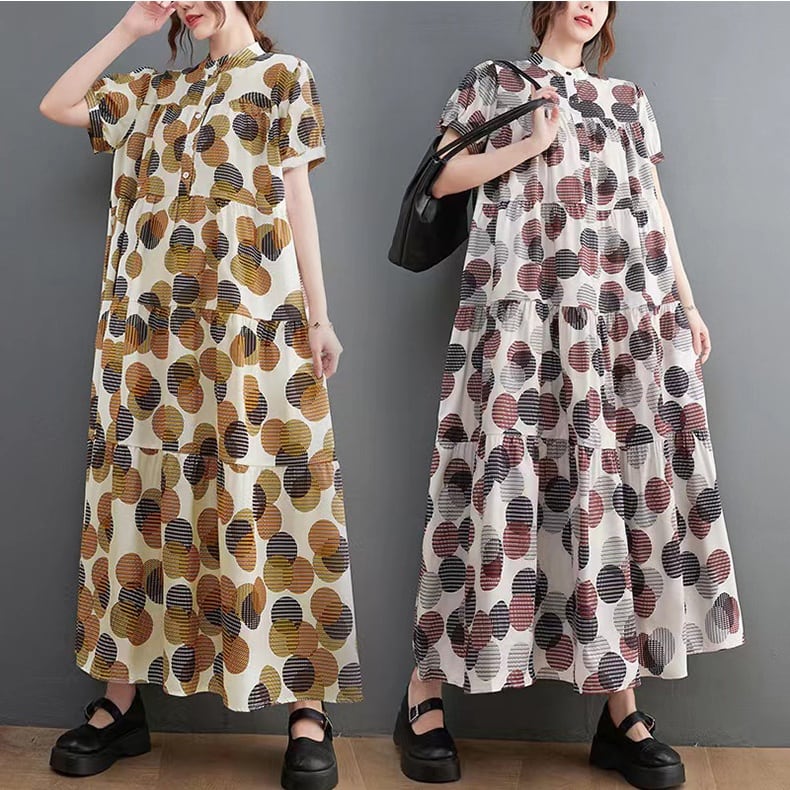 DOT STAND COLLAR LONG TIERED SHIRT DRESS 2colors M-5241