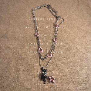 ハンドメイド 黒猫 ピンクスター レトロ セット ネックレス