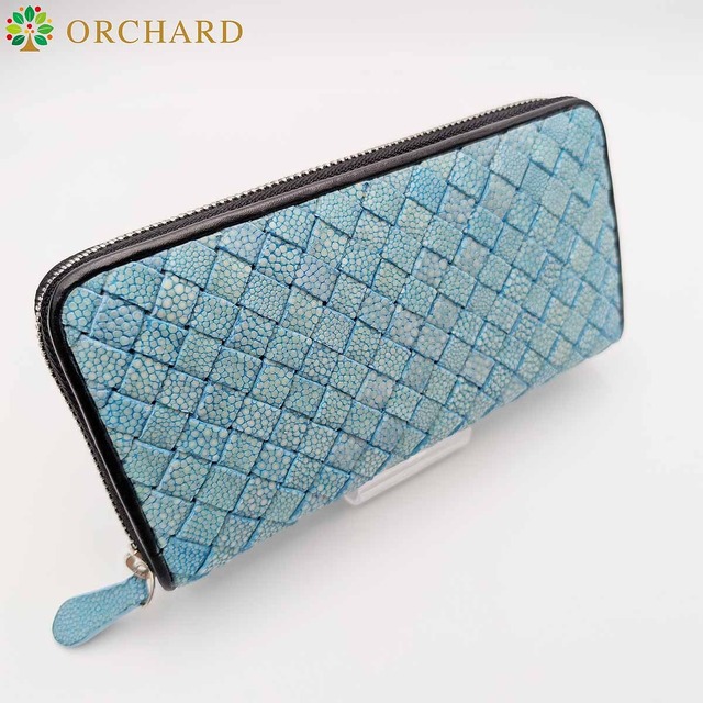 ガルーシャ スティングレイ エイ革 編み込み加工 水色 ターコイズブルー ラウンドファスナー ロングウォレット 長財布 メンズ レディース