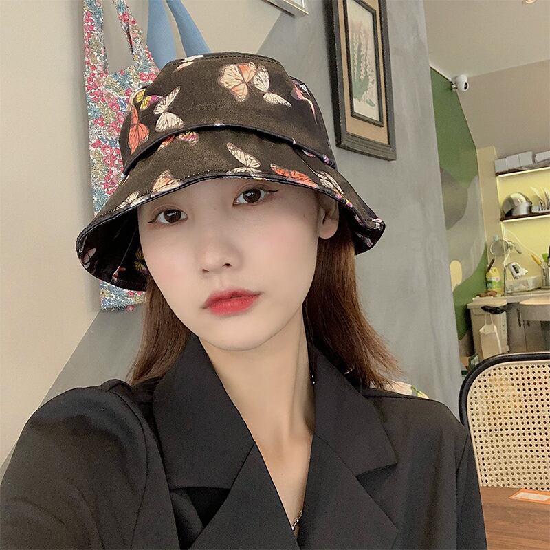 Butterflyデザイン プリント柄レディースサマー薄手サテン 帽子 夏物 ブラック・アイド・ピーズ90049368405