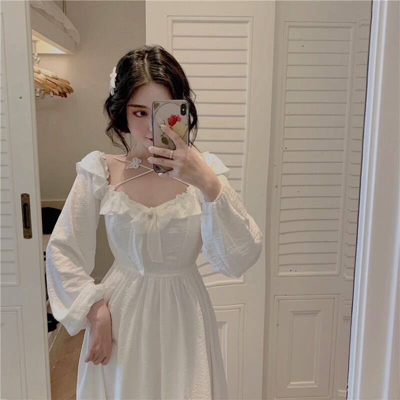 ロングウェスト薄手ホワイトドレス オータムスカート 秋物 ドラファッションホール31895074768