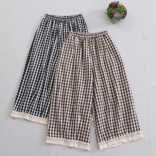 2色／レース貼りチェック柄パンツ ・9421