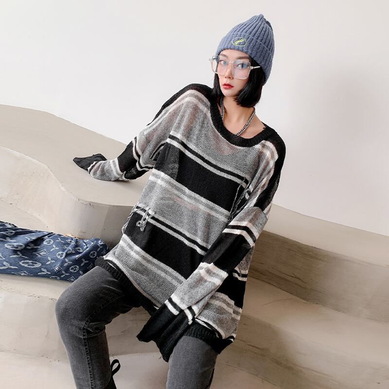 オータムニットストライプセーター ハイウェストウェストトップス ロング 大きめサイズ 秋物 ミックスインファッション74965274802