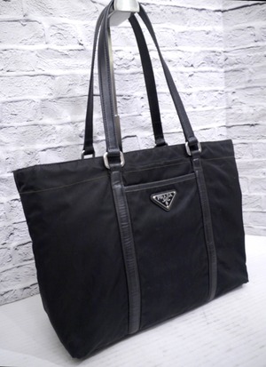 【美品】PRADA プラダ ユニセックス 三角ロゴ A4対応ビジネス可 テスートナイロン×サフィアーノレザー トート バッグ ビジネスバッグ 黒 ◆