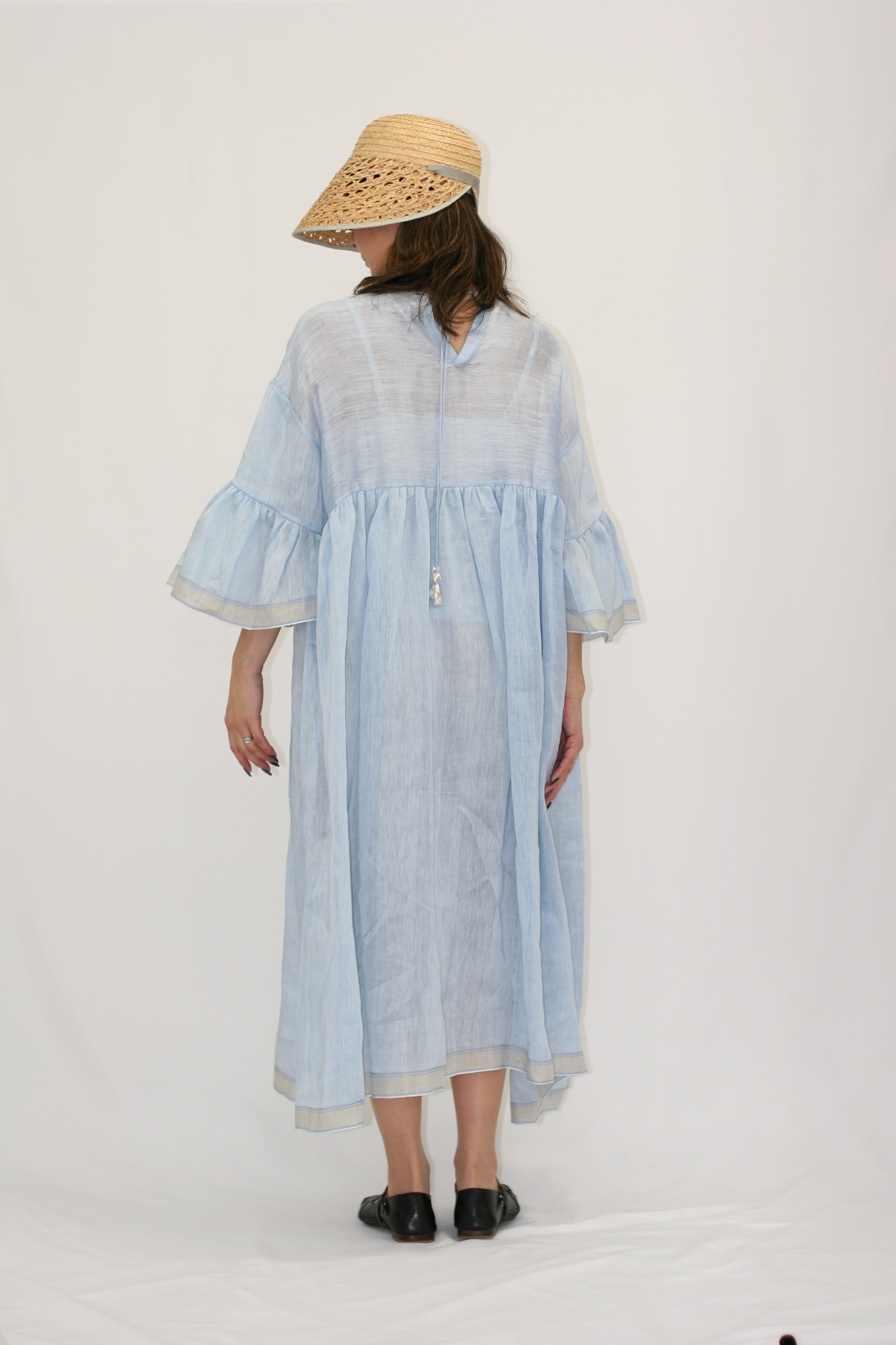 BUNON(ブノン) Wide Sleeve Frill Dress リネンシルク ワイドスリーブワンピース B BLUE