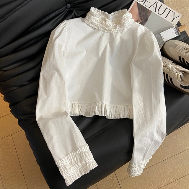 フリルトリム  バルーンスリーブトップス   r001148