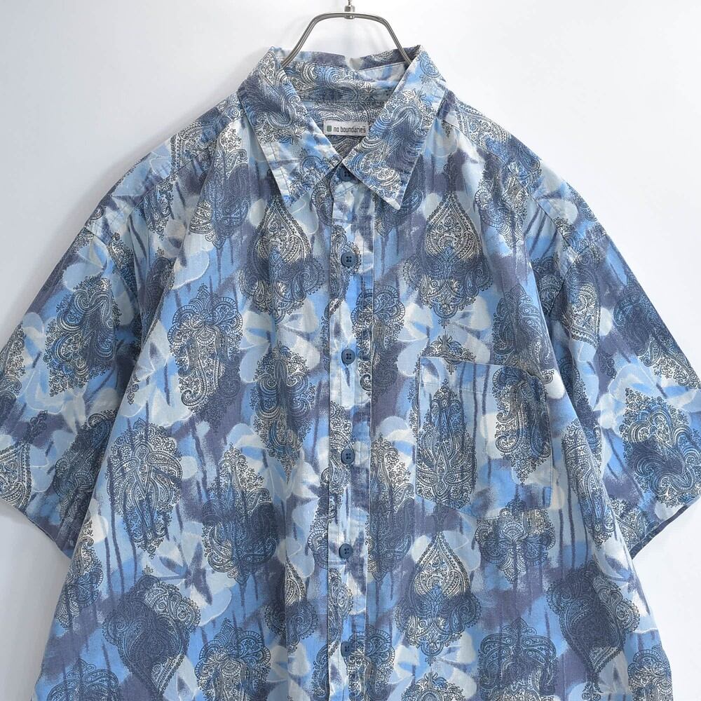 90s no boundaries ノーバウンダリーズ エスニック ペイズリー 総柄 ワイド 半袖シャツ 青 USED ヴィンテージ ビンテージ 古着 メンズ LARGEサイズ