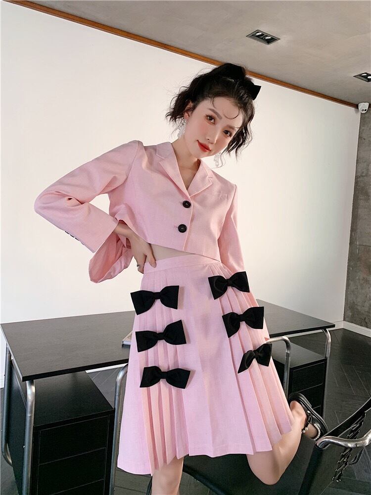セットアップ】リボン ピンク スカート ブラウス ジャケット ピンク 黒