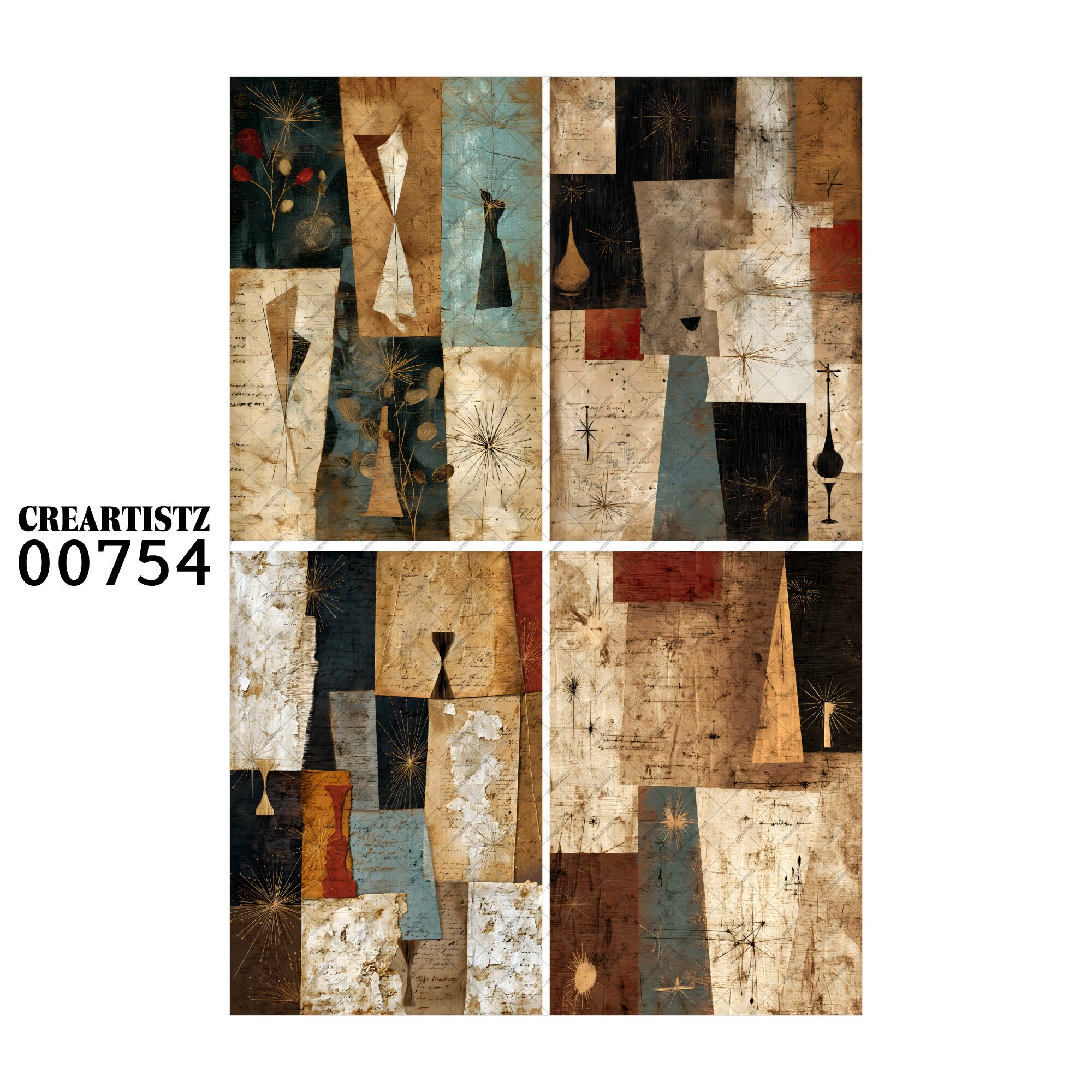 00754 背景 コラージュ素材 オリジナル 12枚セット (4種類×3枚) ペーパー/ステッカー CREARTISTZ