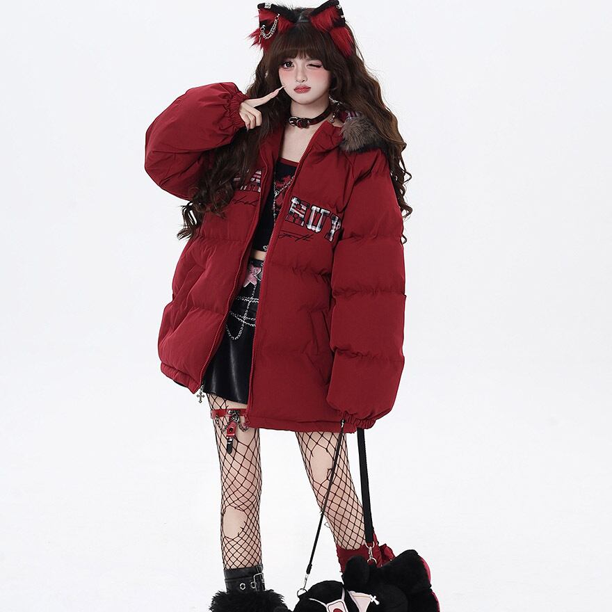 Crimson Skull Fur Puffer Jacket Y2K ダウン Glorious Gangsta ROMAREZ HOODED PUFFER - Winter jacket - red