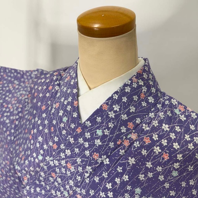 小紋 単衣 洗える着物 裄62.7cm 身丈150cm 花柄 お洒落着 普段着 ポリエステル 紫 美品 S サイズ 4365