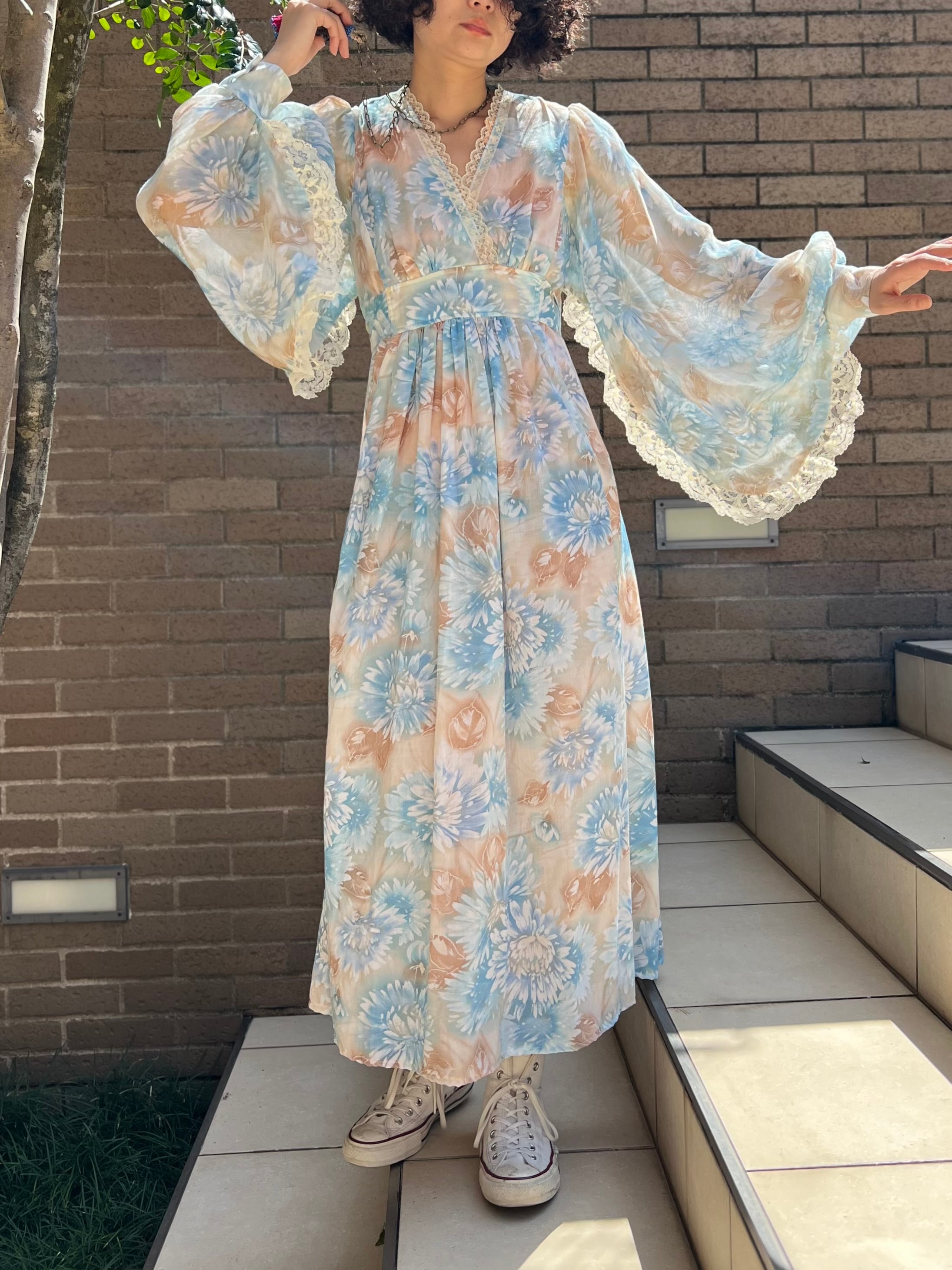 70s floral × lace dress ( ヴィンテージ 花柄 × レース ワンピース 
