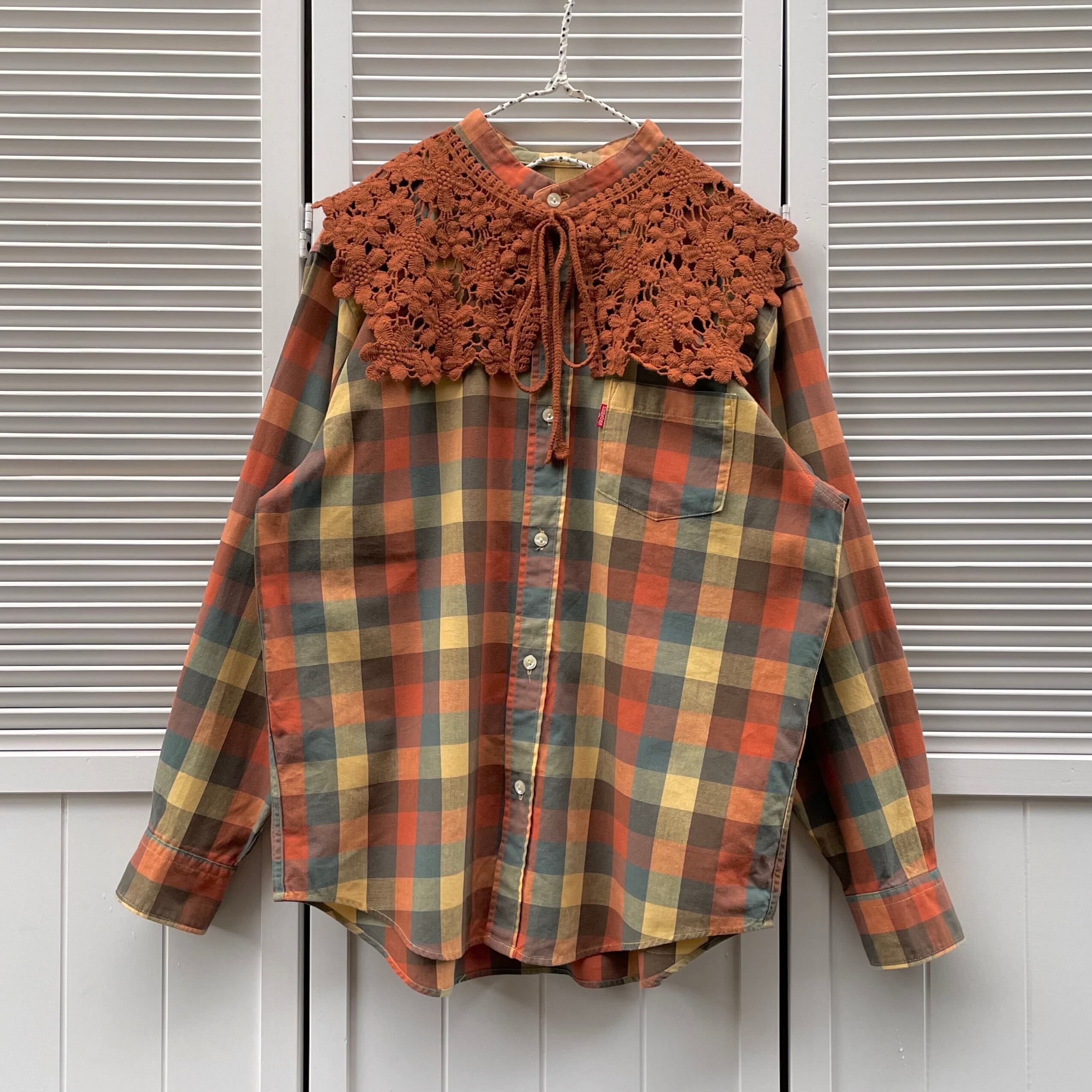 block check band collar shirt 〈レトロ古着 ブロックチェック バンド