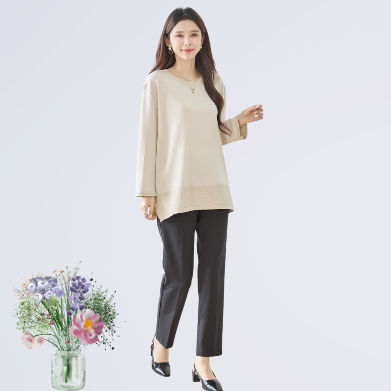 裾編地切替サイドボタンニットプルオーバー【L~LL】ベージュ