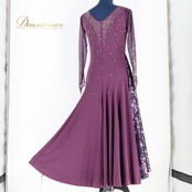 社交ダンス 衣装 ワンピース ドレス 紫 レース パーティドレス 上品 綺麗 長袖 軽い ダンス パーティ 発表会 パープル系 おしゃれ ステージ用 エレガント パフォーマンス 柔らかい パーティ