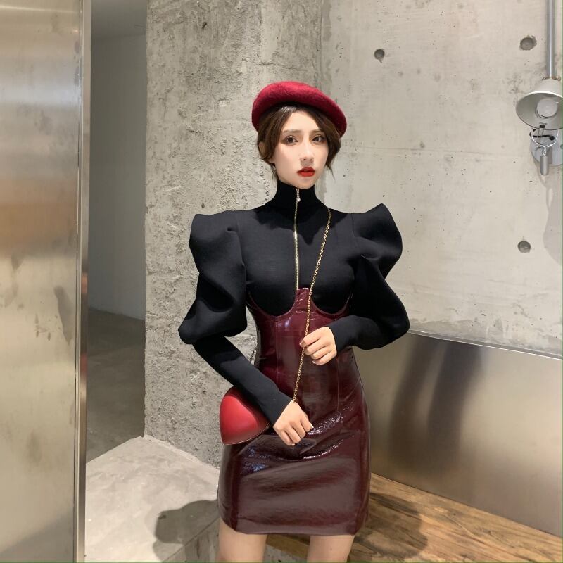 2020年ニューネットレッドオータムスーツレディースハイネックブラックトップチューブトップバッグヒップスカート気質年齢削減ツーピーススーツ ドラファッションホール11142784399