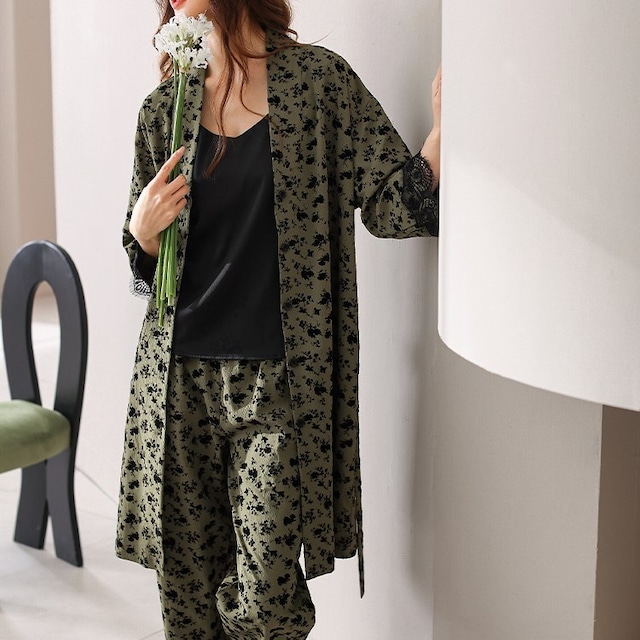 【M-XL】monotone flower pattern gown pants roomwear p861