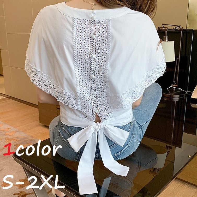 バックコンシャスシャツ レディース トップス カットソー クロップ ドクロップド丈 ショート ショート丈 ラウンドネック 半袖 バックコンシャス リボン レース 半袖 無地 シンプル きれいめ オフィス ビジネスシーン OL 通勤 通学 学生 デート お出かけ 女子会 女子 日常 デイリー 普段着 普段使い エレガント ファッション コーデ コーディネート 大人 ホワイト 白 大きいサイズ 2XL 韓国 韓国ファッション オルチャン お取り寄せ 送料無料
