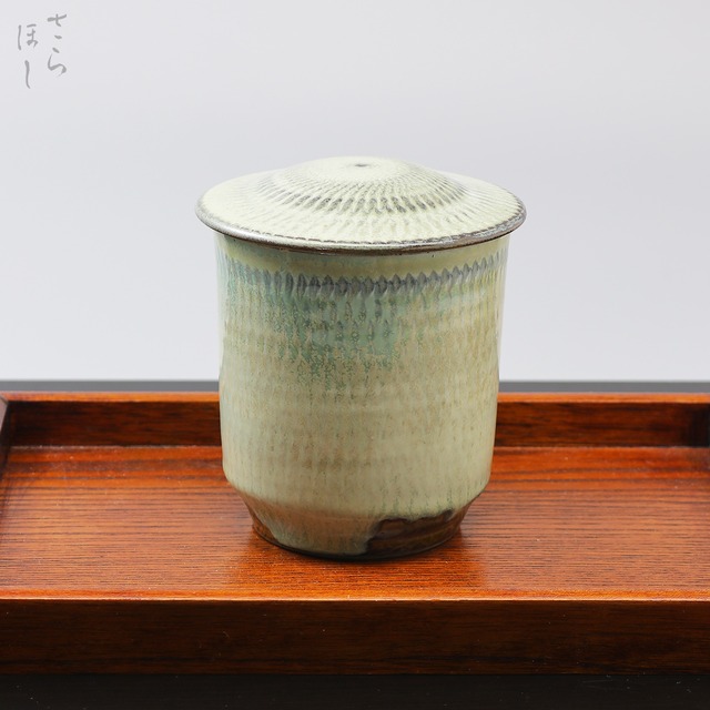 小鹿田焼 小袋窯 蓋付き大湯呑 飛びかんな 白緑 高さ約11cm 陶器 和食器 民藝 蓋付きカップ