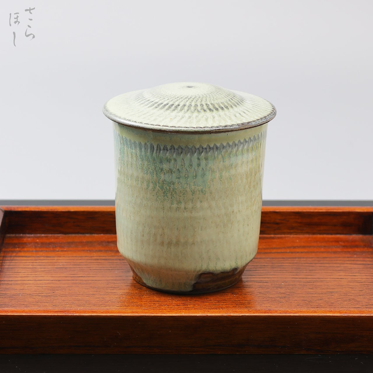 小鹿田焼 小袋窯 蓋付き大湯呑 飛びかんな 白緑 高さ約11cm 陶器 和食器 民藝 蓋付きカップ