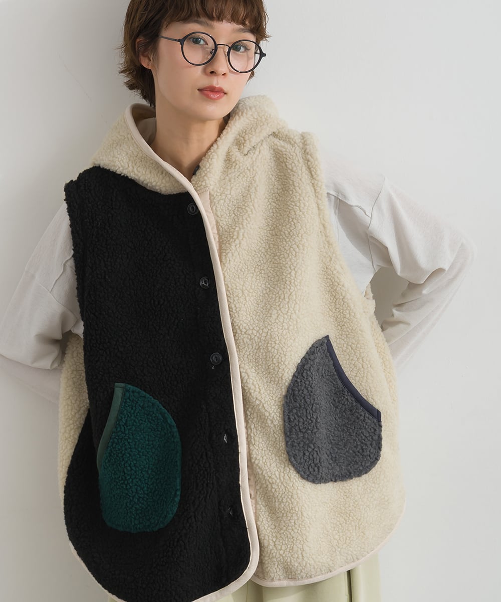 K263029 シープボアフードベスト / Faux-Shearling Hooded Vest | meme