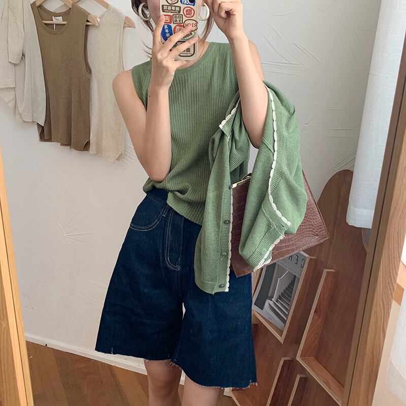 ニットサマー薄手ノースリーブラウンドネックソリッド カラー 夏物 Oネック ソリッドカラー ビッグFスモールZ韓国43480212030