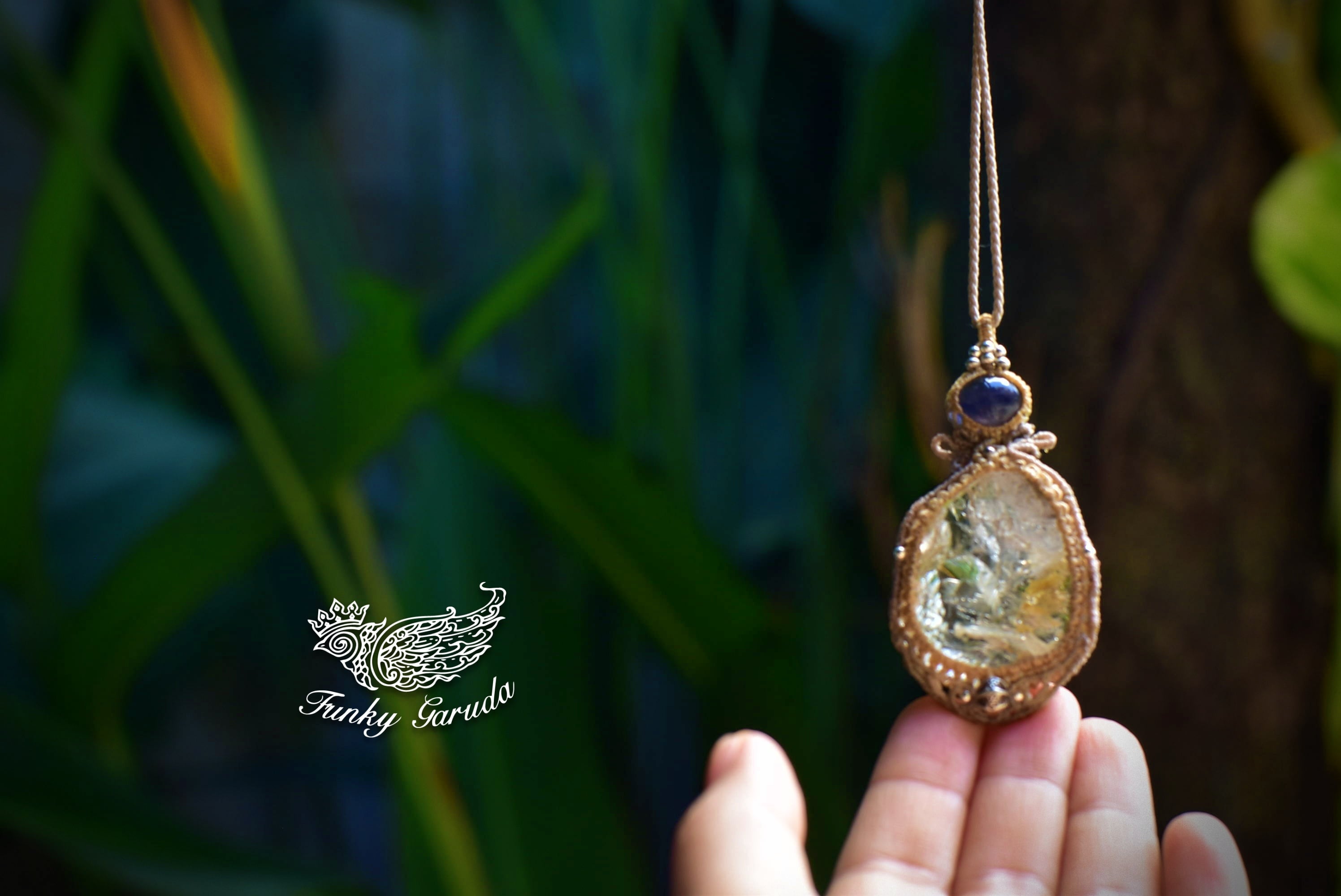 アイオライト ハーキマー水晶 マクラメペンダントaio002