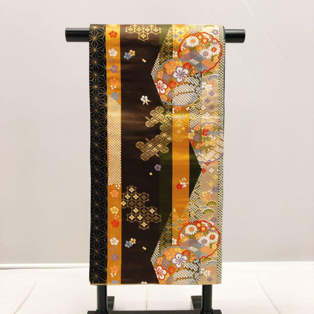 208y31☆菱に唐花 袋帯 六通 間道☆美品 決めれ 成人式 