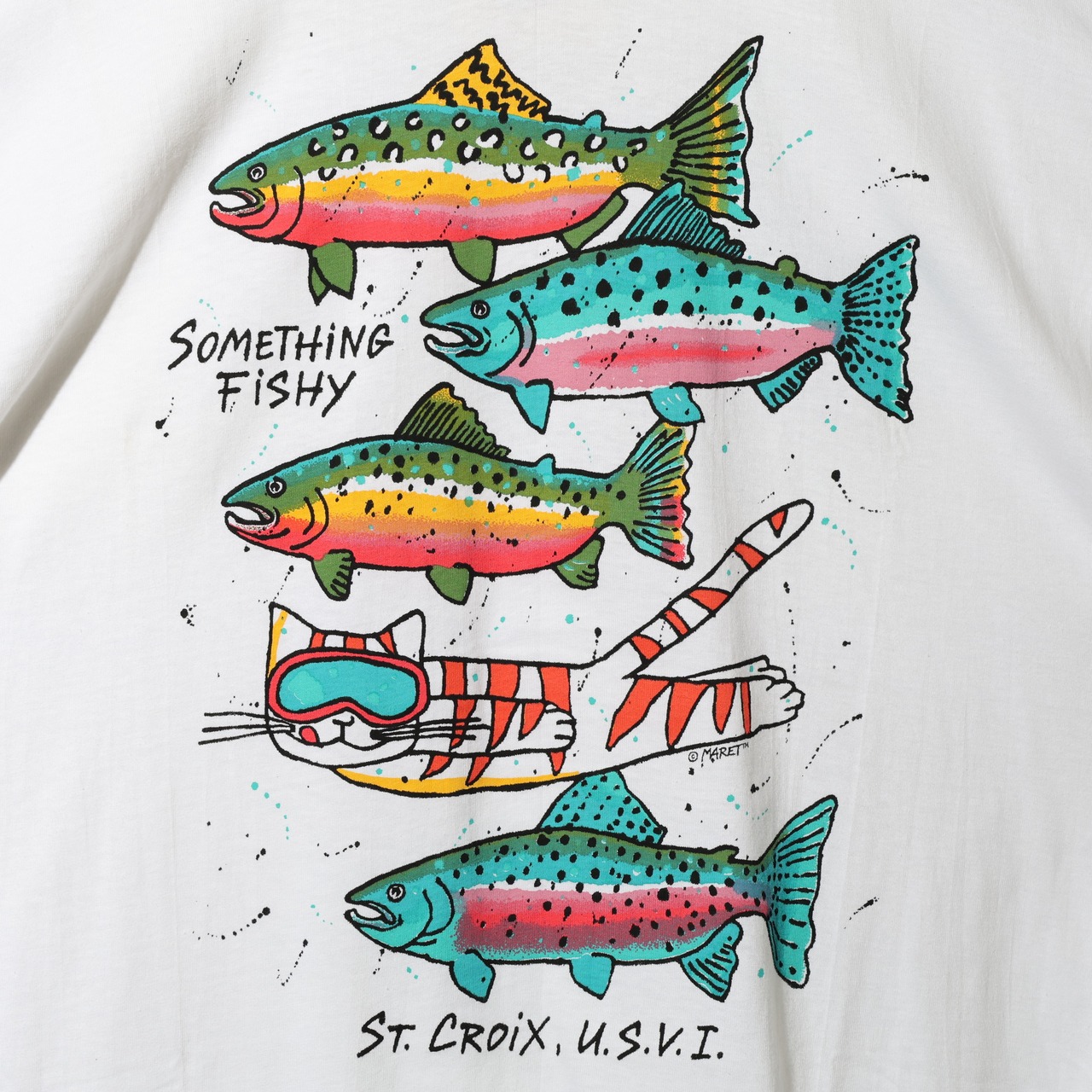 Deadstock XL 90s USA “Something Fishy” Harborside Graphics Tシャツ ハーバーサイドグラフィックス 猫 魚 ニジマス