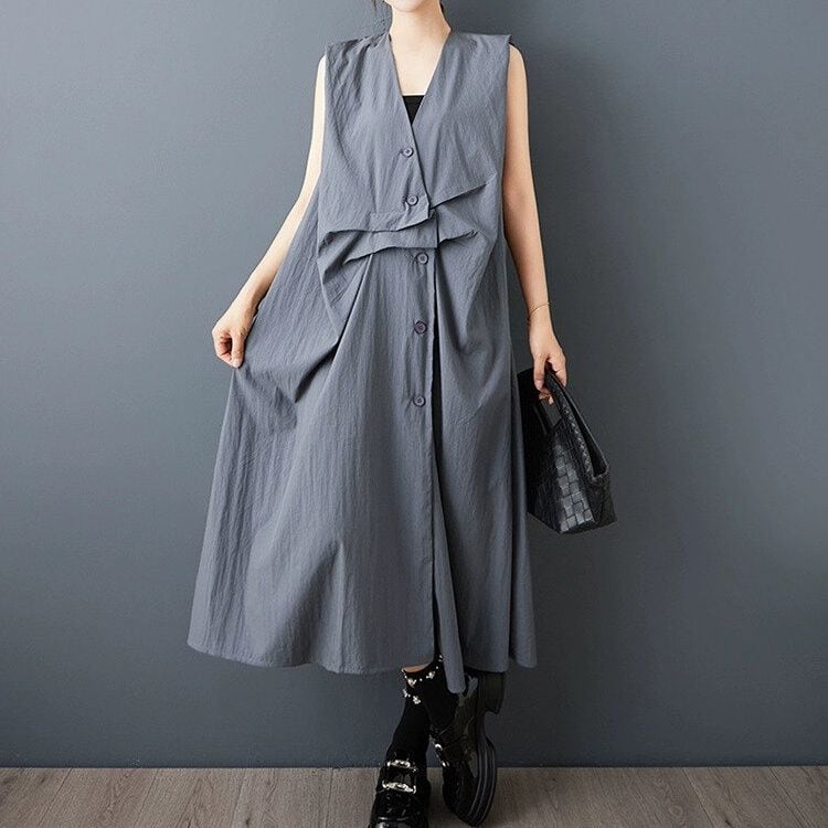 SOLID V-NECK SLEEVELESS A-LINE MIDI SHIRT DRESS 2colors M-14156