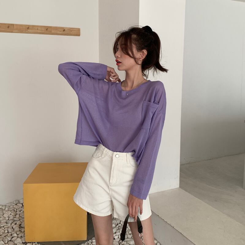 2020年夏の新しいルーズヘッジ薄い日焼け止めブラウスアイスシルク長袖ニットTシャツパープルトップ女性 1号婦人66089020522