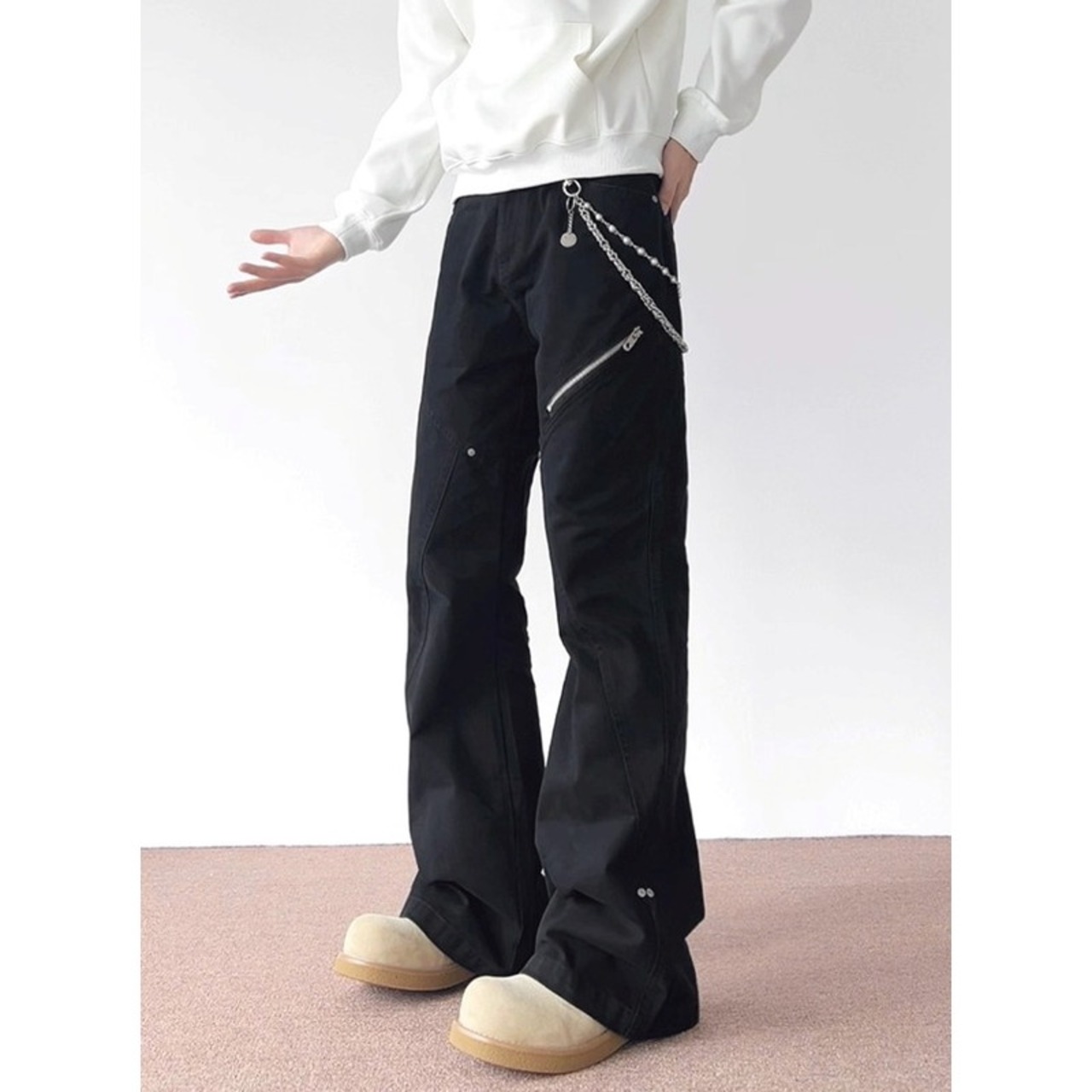 Zip Detail Wide Leg Baggy Pants ◇2color H0883