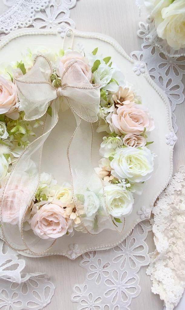 【WR-001】【ふんわり優しい彩りのラウンドリース】パステルピンク×ホワイト/壁掛け/インテリア/贈り物におすすめ