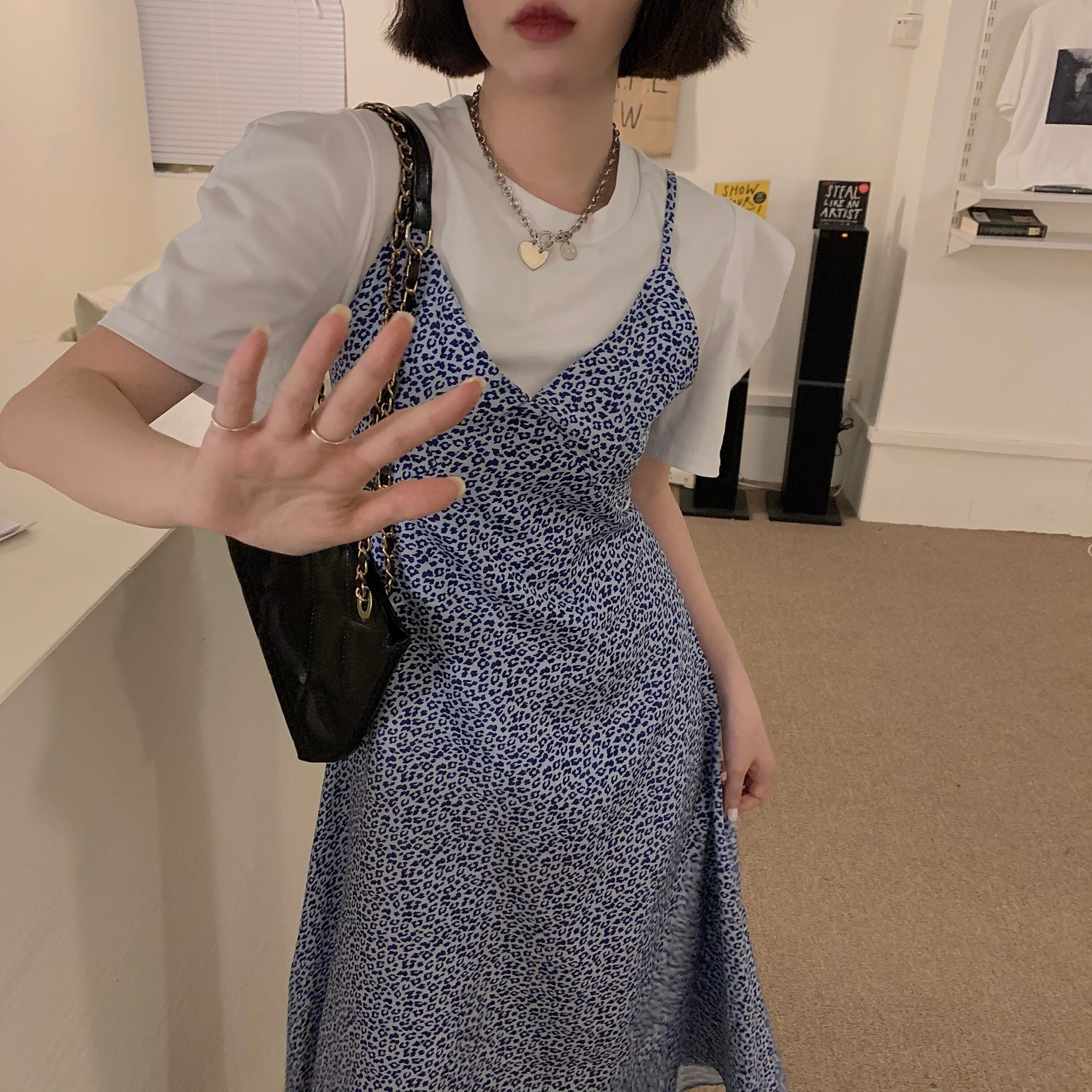 スタンダードレオパードプリント柄ドレス レディースサマールーズホワイトTシャツ レトロ 夏物 クレセントシティ10239810748