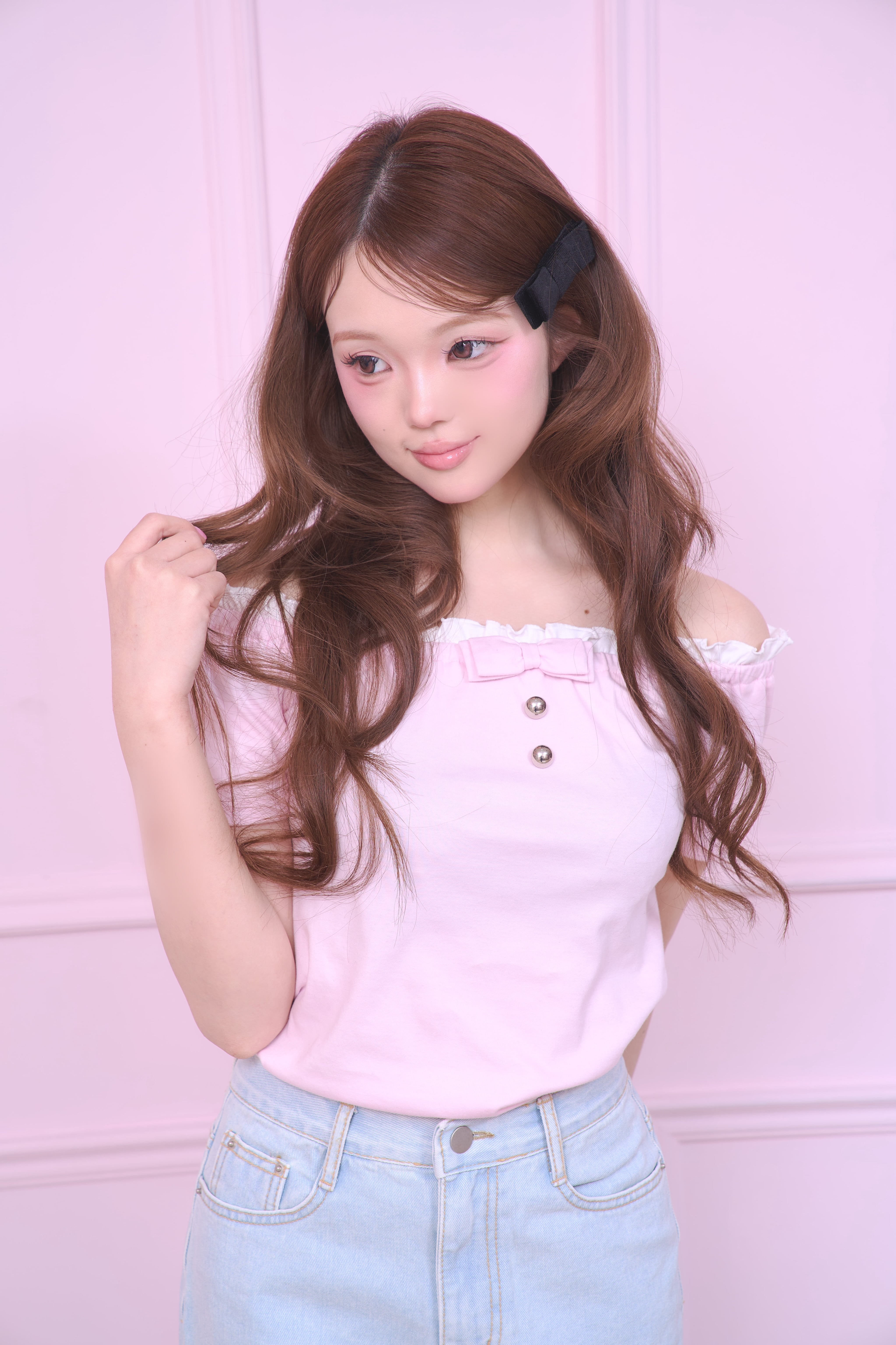 frill off shoulder ribbon tops〈baby pink〉 | PRIMAVELY