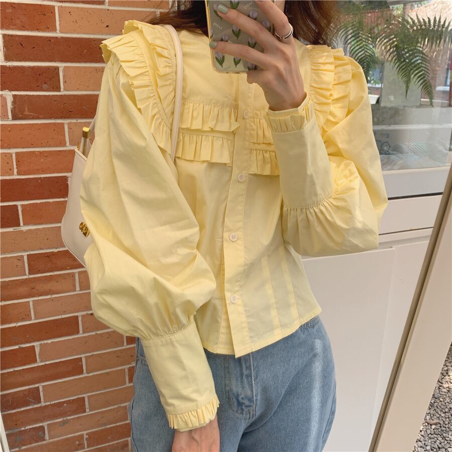 トップス レディース シャツ ブラウス ショート丈 長袖 ランタンスリーブ ラウンドネック フリルカラー フリル かわいい 大人可愛い きれいめ シンプル カジュアル 清楚 フェミニン シック おしゃれ 綺麗 お嬢様 ナチュラル こなれ感 ラフ ラブリー キュート ガーリー 個性的 レトロ 抜け感 爽やか 存在感 無地 ストライプ 学生 通学 デート お出かけ 女子会 休日 散歩 S M イエロー 春 秋 10代 20代 30代 韓国 韓国系 着回し 普段使い 体型カバー 楽ちん ファッション 送料無料