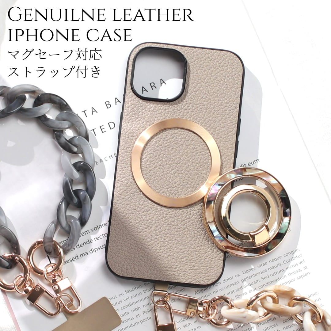 iphone ケース レザー リング付き iphone17 iphone16 iphone15 iphone14 MagSafe マグセーフ ショート ストラップ 本革 アイフォン 17 16 15 14 13 13mini magsafe対応 ゴートレザー 16e 16pro 15pro リング ストラップ付き スタンド マグネット べっ甲 メタリック 送料無料
