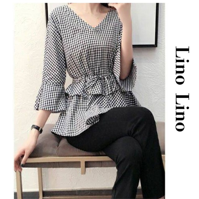 Gingham Check  Waist Ribbon Top L00882
