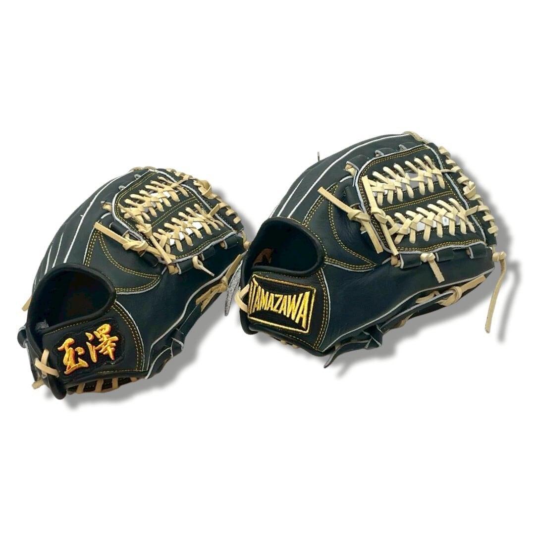 【軟式】玉澤 内野グローブ CHALLENGER TG-J900 本体ブラック 紐キャメル 1枚目左側S-4ラベル、右側DX-1ラベル|タマザワ