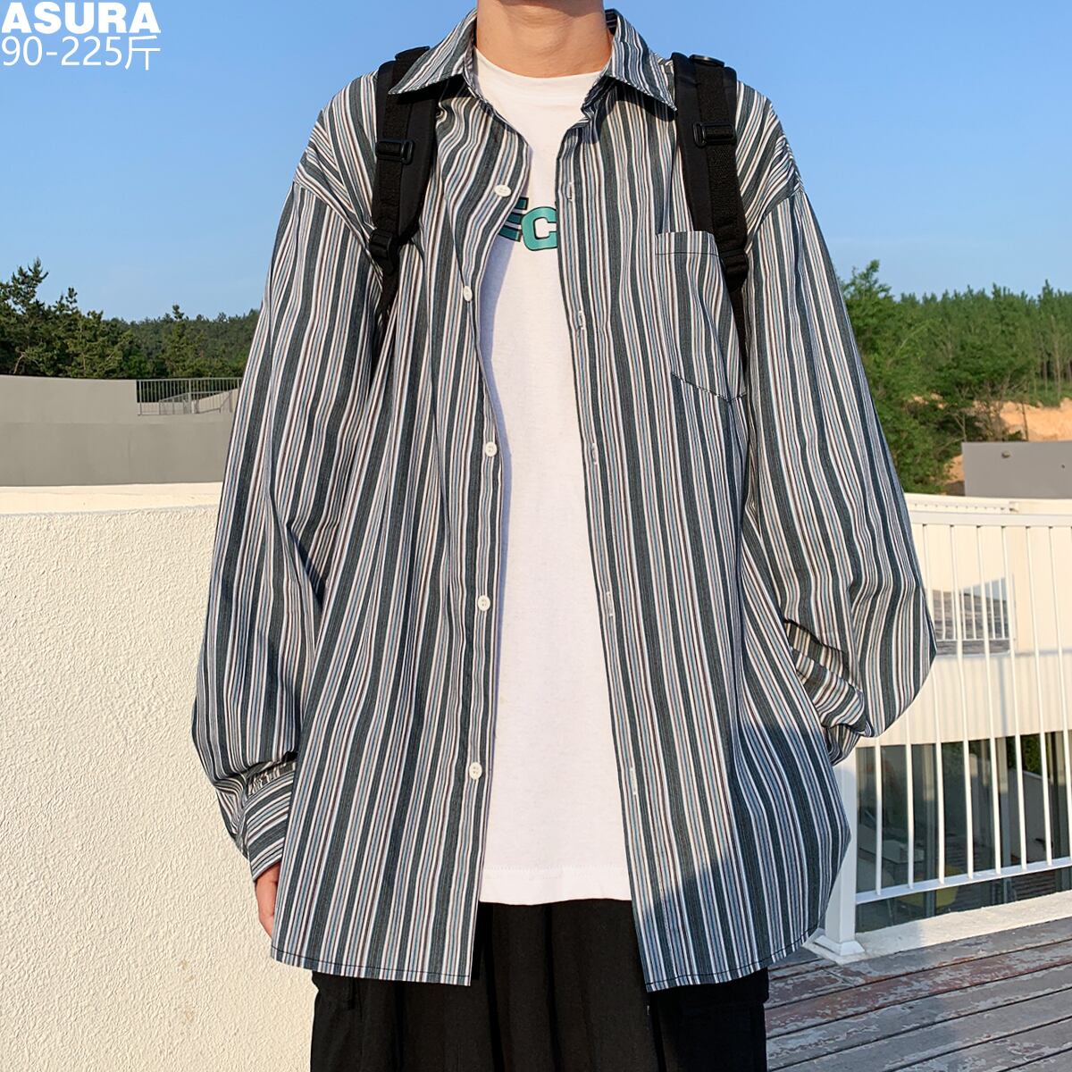 ストライプシャツ ルーズスプリングオータムスタイルスタンダード ロング レトロ 大きめサイズ 春物 秋物 ASURAプラスサイズメンズ18357167421